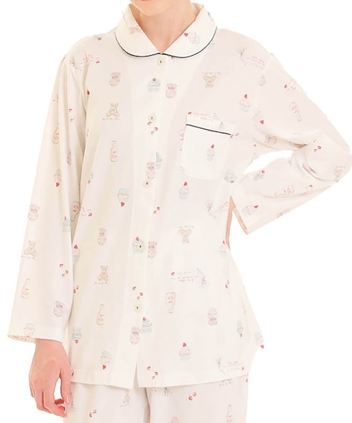 天竺スイーツベアシャツパジャマ ルームウェア 部屋着 綿100％ お肌に優しい 着心地がいい スイーツ柄 くま 上品 大人可愛い かわいい おしゃれ