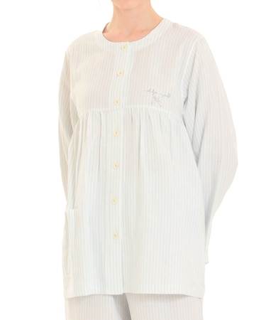 ダブルガーゼシンプルストライプギャザーパジャマ 上下セット ルームウェア 部屋着 綿100％ お肌に優しい 着心地がいい ストライプ柄 ベーシック 大人可愛い かわいい さわやか おしゃれ