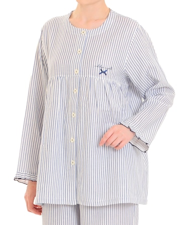 ダブルガーゼシンプルストライプギャザーパジャマ 上下セット ルームウェア 部屋着 綿100％ お肌に優しい 着心地がいい ストライプ柄 ベーシック 大人可愛い かわいい さわやか おしゃれ