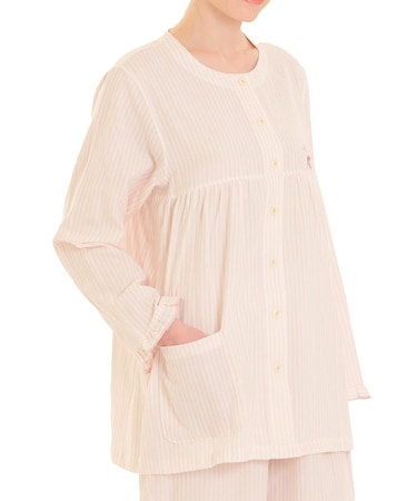 ダブルガーゼシンプルストライプギャザーパジャマ 上下セット ルームウェア 部屋着 綿100% お肌に優しい 着心地がいい ストライプ柄 ベーシック 大人可愛い かわいい さわやか おしゃれ