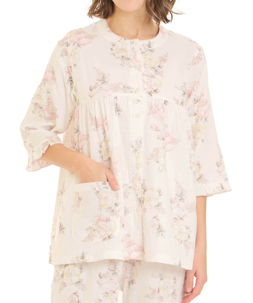 ダブルガーゼローズ7分袖パジャマ 上下セット ルームウェア 部屋着 綿100％ お肌に優しい 着心地がいい バラ 花柄 上品 大人可愛い エレガント おしゃれ