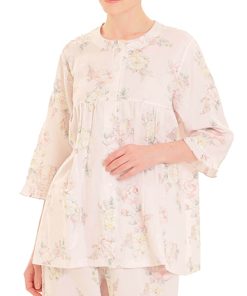 ダブルガーゼローズ7分袖パジャマ 上下セット ルームウェア 部屋着 綿100％ お肌に優しい 着心地がいい バラ 花柄 上品 大人可愛い エレガント おしゃれ