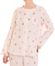 ダブルガーゼマカロンフリルパジャマ ルームウェア 部屋着 綿100％ お肌に優しい 着心地がいい お菓子 スイーツ柄 上品 大人可愛い おしゃれ