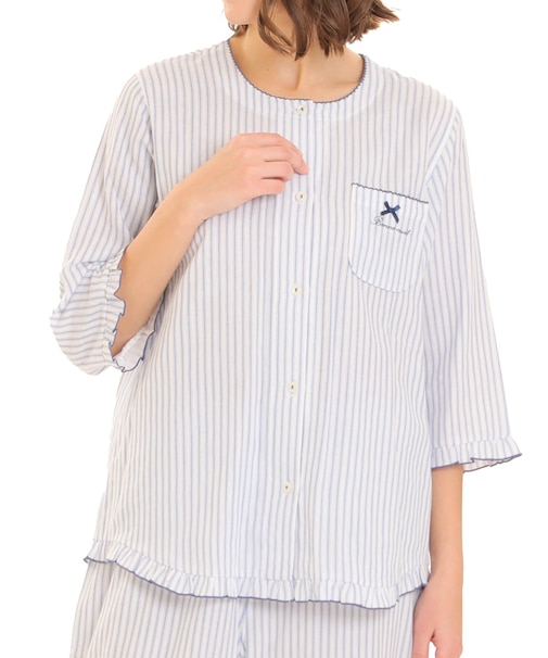 ダブルガーゼクラシカルストライプ7分袖パジャマ 上下セット ルームウェア 部屋着 綿100％ お肌に優しい 着心地がいい ストライプ柄 ベーシック 大人可愛い かわいい さわやか おしゃれ