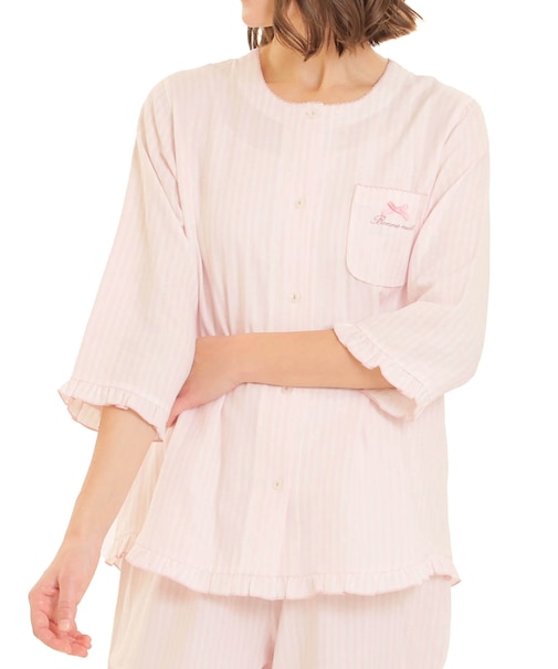 ダブルガーゼクラシカルストライプ7分袖パジャマ 上下セット ルームウェア 部屋着 綿100％ お肌に優しい 着心地がいい ストライプ柄 ベーシック 大人可愛い かわいい さわやか おしゃれ