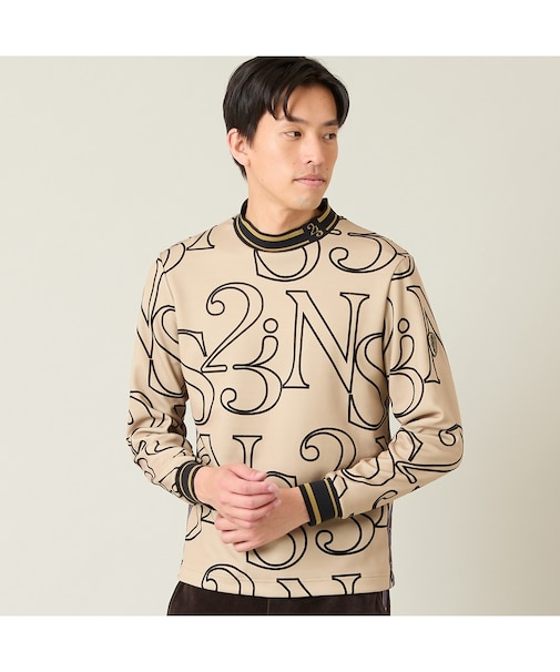 【メンズ】フロッキープリント長袖モックネック