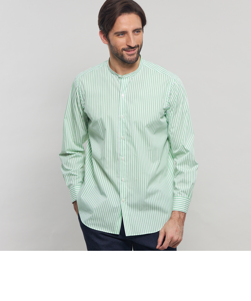 ストレッチタイプライターストライプバンドカラーシャツ