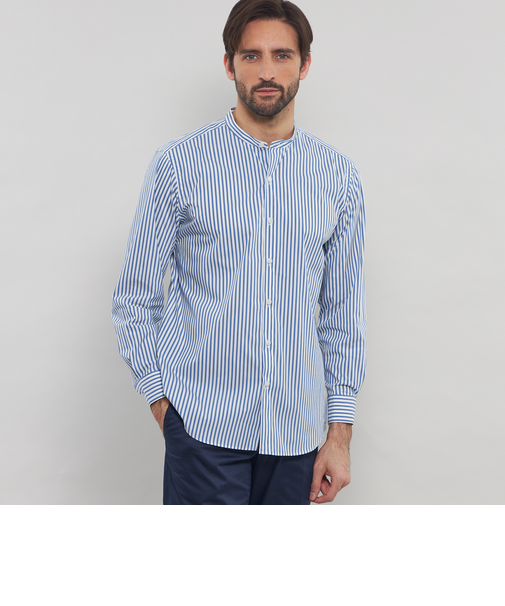 ストレッチタイプライターストライプバンドカラーシャツ