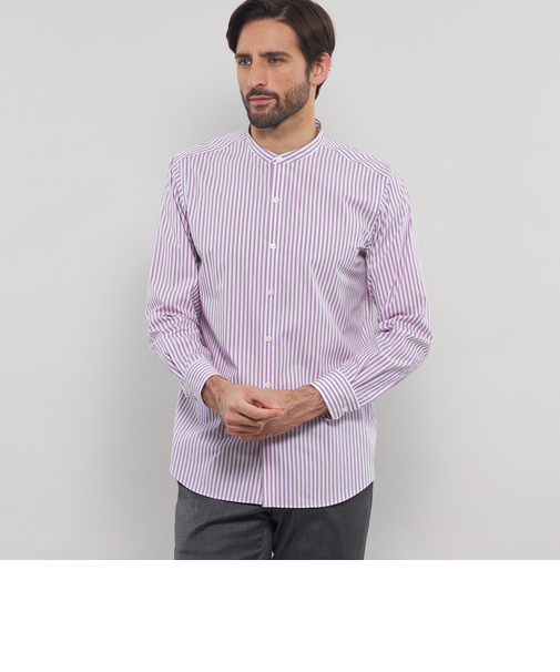 ストレッチタイプライターストライプバンドカラーシャツ