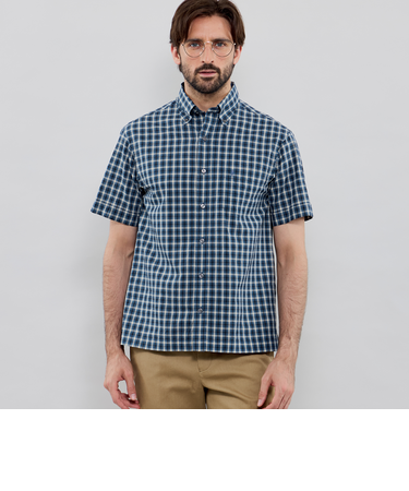 シアサッカーリネンギンガム 半袖ボタンダウンシャツ