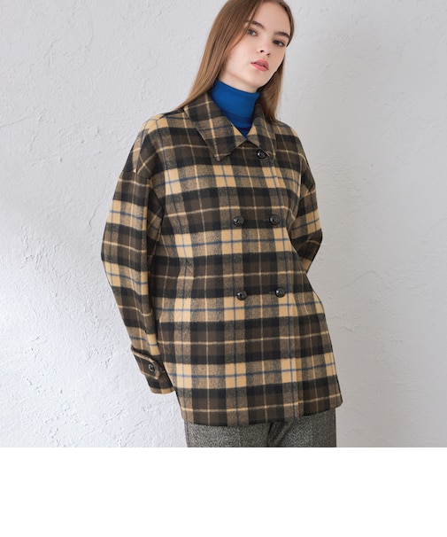 【ROSLEY/ロズリー】ウールビーバーチェックステンカラーダブルショートコート