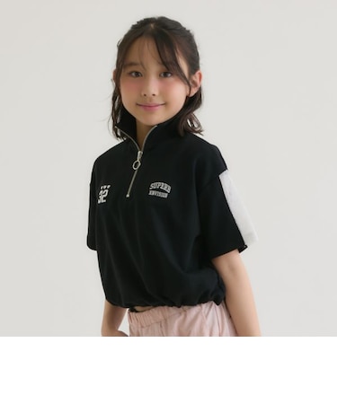 袖メッシュハーフジップ半袖Tシャツ