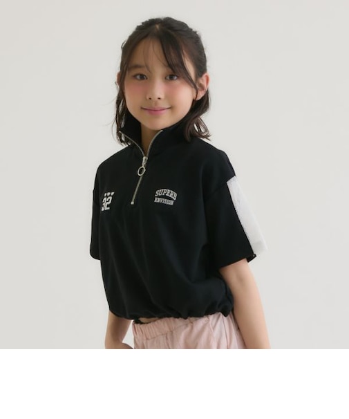 袖メッシュハーフジップ半袖Tシャツ