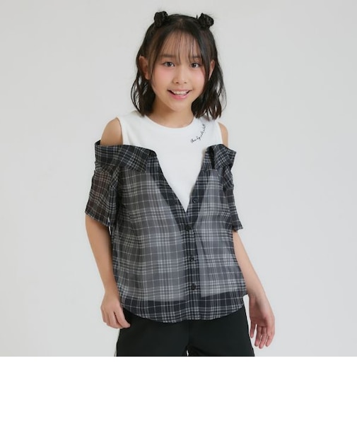肩あきシアーチェックドッキングシャツ