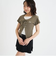 テレコレースアップ半袖トップス