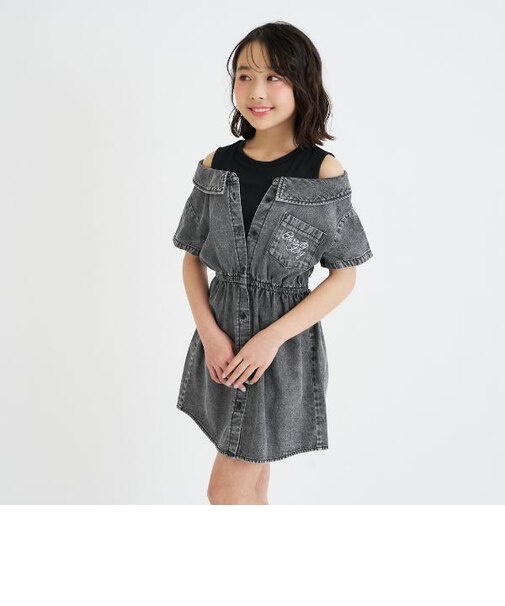肩あきドッキンクデニムシャツワンピース