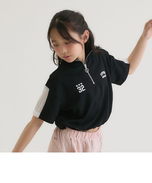 袖メッシュハーフジップ半袖Tシャツ2