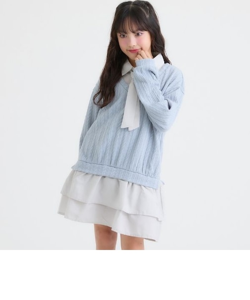 ネクタイつきシャツレイヤード風ワンピース