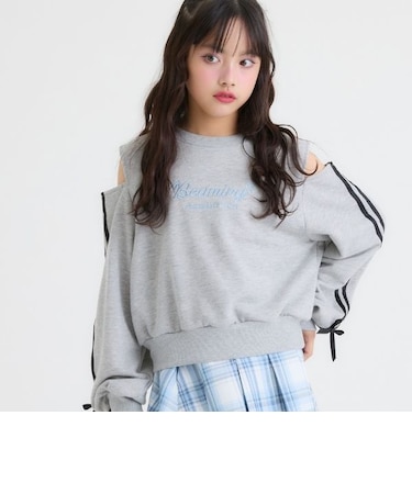 肩あき袖ラインリボントレーナー