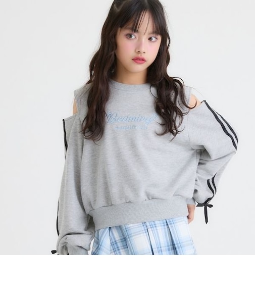 肩あき袖ラインリボントレーナー