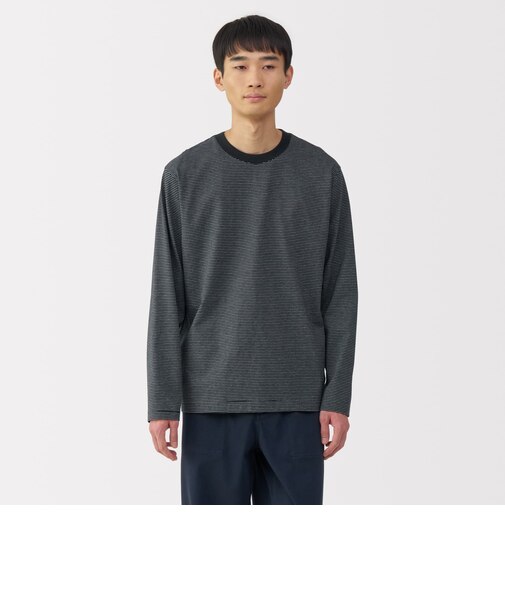 紳士 天竺編みクルーネック長袖Tシャツ(ボーダー)