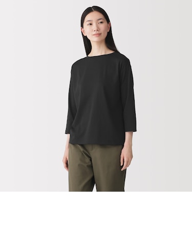 婦人 天竺編みボートネック七分袖Tシャツ