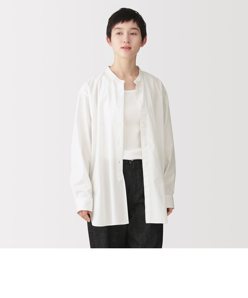婦人 洗いざらし ブロードスタンドカラー長袖ロングシャツ