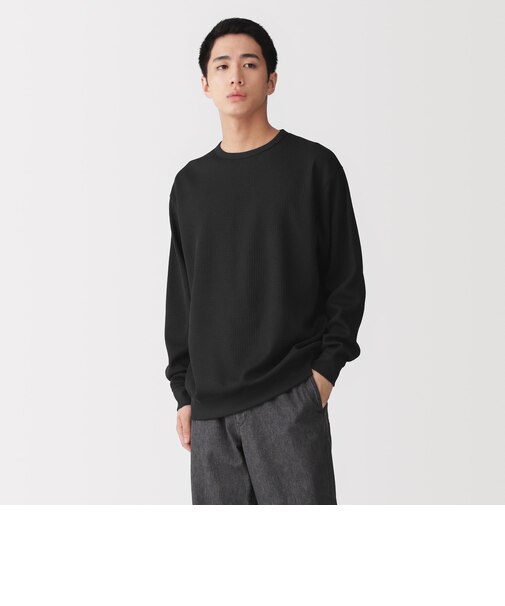 紳士　素材に還るワッフル編みクルーネック長袖Ｔシャツ