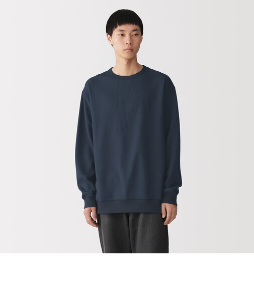 紳士　素材に還るワッフル編みクルーネック長袖Ｔシャツ