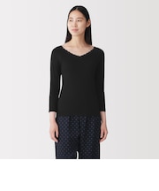 婦人　着るスキンケア　レース付き　バレエネック八分袖Ｔシャツ