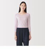 婦人 着るスキンケア レース付き バレエネック八分袖Tシャツ