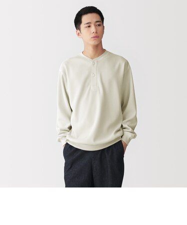 紳士 素材に還るワッフル編みヘンリーネック長袖Tシャツ