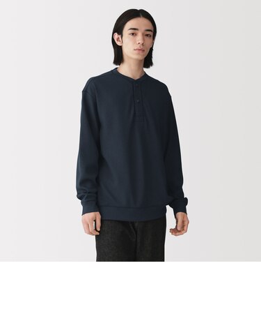 紳士 素材に還るワッフル編みヘンリーネック長袖Tシャツ
