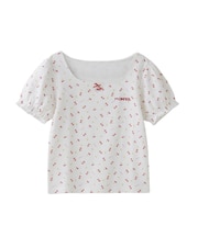 CHERRY PATTERN WAFFLE PUFF SLEEVES TOP