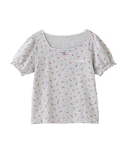 CHERRY PATTERN WAFFLE PUFF SLEEVES TOP