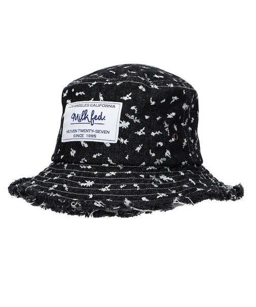 FLORAL PATTERN DENIM FRINGE BUCKET HAT
