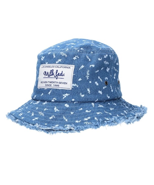 FLORAL PATTERN DENIM FRINGE BUCKET HAT