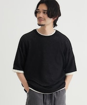 Refurbish(リファービッシュ)袖バイカラー配色ジャガードニットＴシャツ