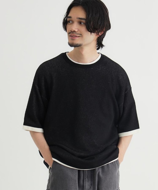 Refurbish(リファービッシュ)袖バイカラー配色ジャガードニットTシャツ