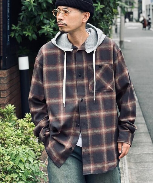 BACK NUMBER(バックナンバー)【メンズ】【店舗で人気】【ユニセックス】フード付きオーバーサイズチェックネルシャツ(大人カジュアル)