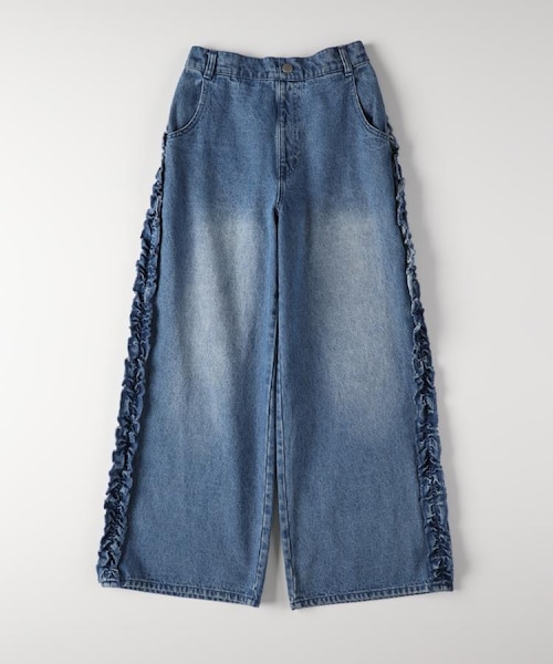 ワイドパンツ 通販 デニムパンツ フリル SET チュールフリルコンビ