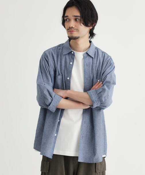 PLUS ONE(プラスワン)シャンブレー七分袖シャツ