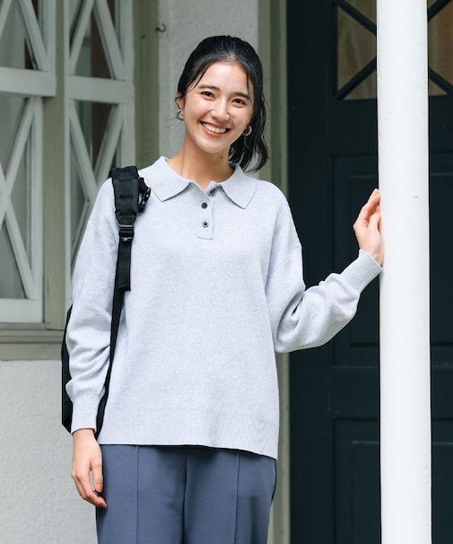 HONEYSUCKLE ROSE(ハニーサックルローズ)【レディース】【スウェット感覚のニット】「やわラク」スウェットライクポロセーター(洗濯機で洗える)
