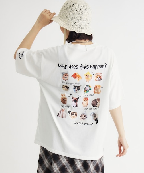 《体型カバー》ネコバッグプリントTシャツ