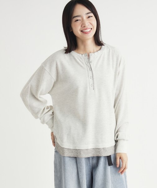《店舗人気アイテム/1枚でサマになる》ワッフルフェイクレイヤードロンT