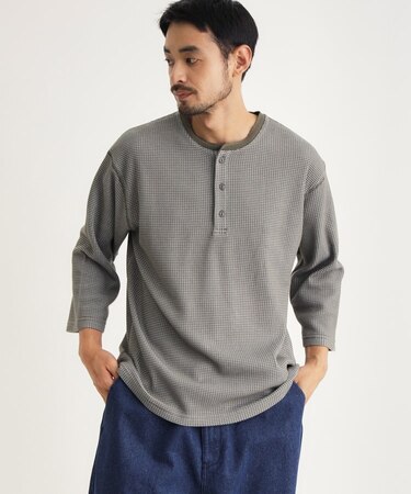 ワッフル7分袖ヘンリーネックTシャツ