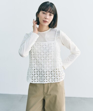 【2点セット】ラッセルレース キャミレイヤード Tシャツ