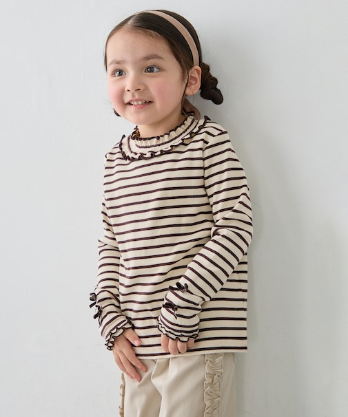 【チョコレート シリーズ】フリル ハイネック 長袖Tシャツ
