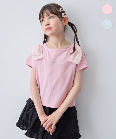 【綿100%】肩リボン×ラインストーンロゴ 半袖Tシャツ