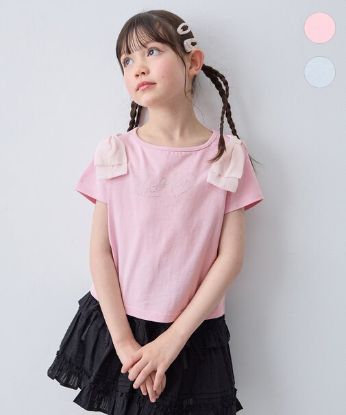 【綿100%】肩リボン×ラインストーンロゴ 半袖Tシャツ